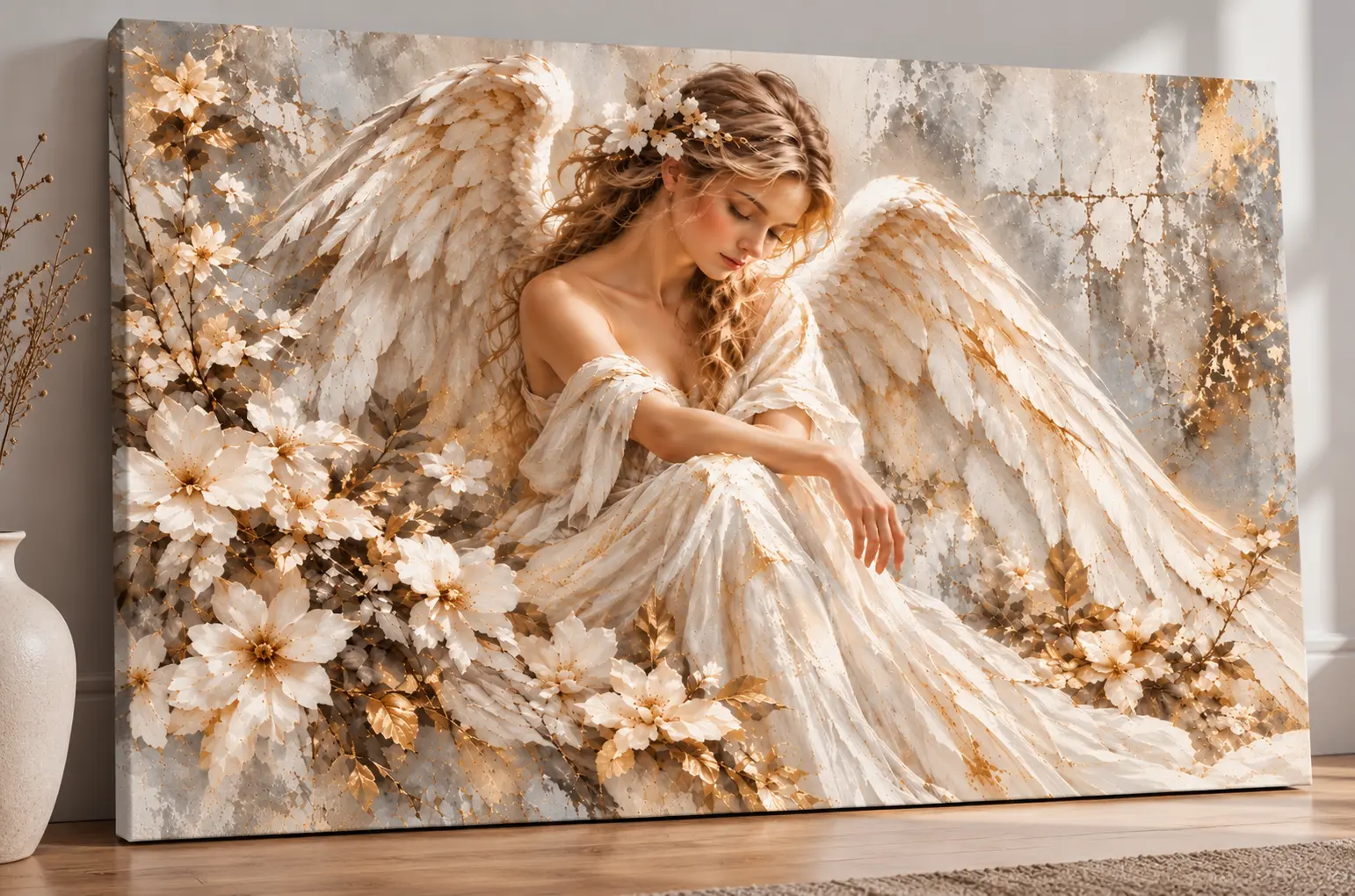 Obraz Szept Niebios Celestial Whisper 100 × 150 cm w orientacji poziomej z anielskimi skrzydłami i złotymi detalami