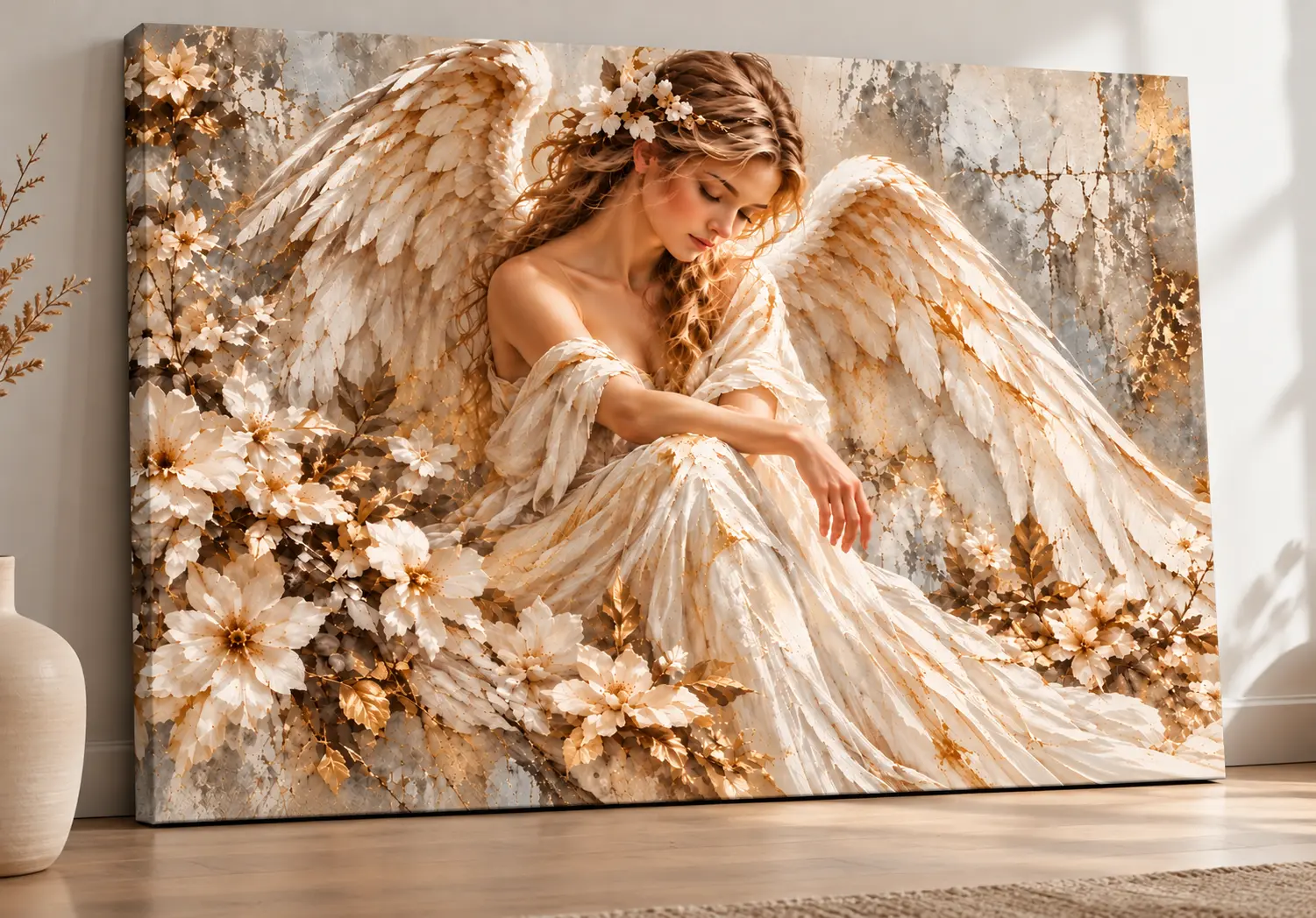 Obraz Szept Niebios Celestial Whisper 70 × 100 cm w orientacji poziomej z anielską postacią i kwiatami